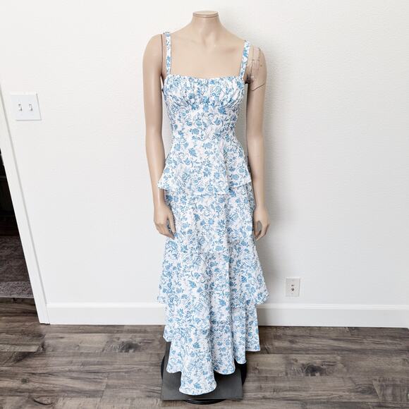 [Hello Molly] Full of Fun Blue Floral Print Tiered Ruffle Maxi Dress NWT Size 10 - Picture 2 of 12